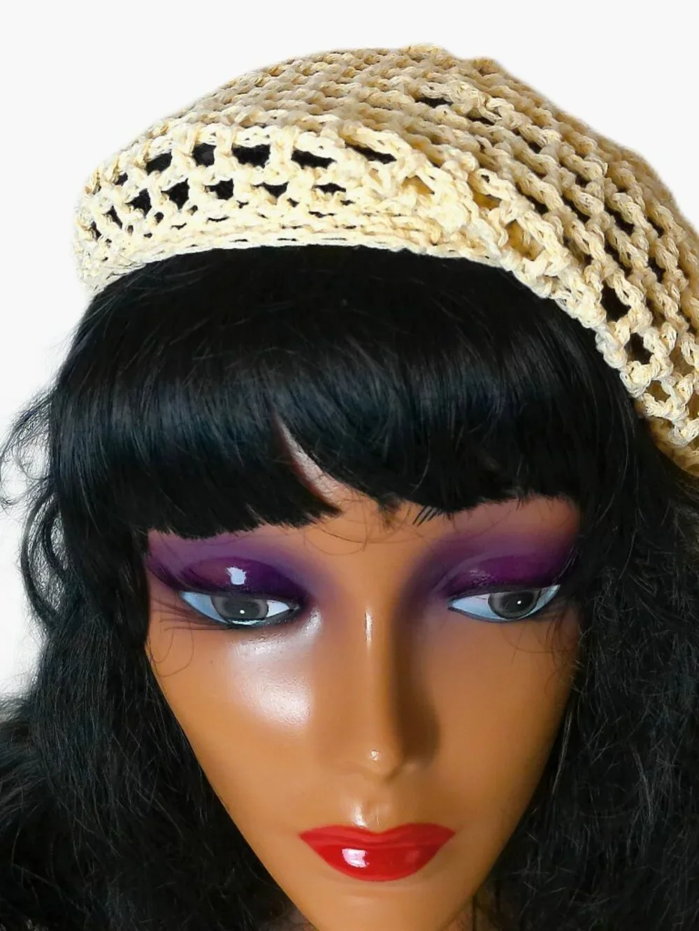1970s - 1980s Vintage Cream Crochet Lace Beret Handmade Cotton Summer Hat - Picture 3 of 7